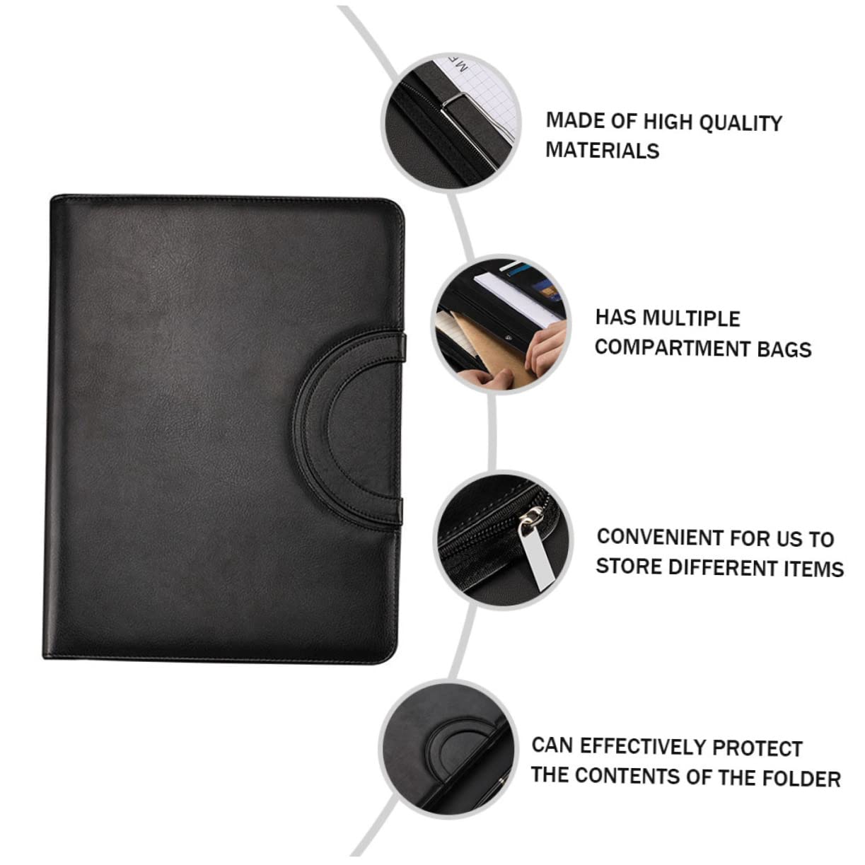 OSALADI Carpeta Portafolios con Cremallera A4 Negra de Pu para Negocios | Cuaderno A4 Incluido, Varios Compartimentos, Ligera y Elegante, Protege el Contenido y Facilita el Transporte