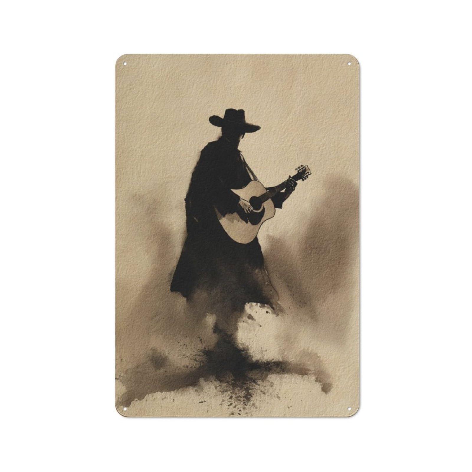 Jubonexis Abstract Western Cowboy Holding Guitar Tin Metal Signs Wall Art Decorations for Bar Pub Club Cafe Room Farmhouse White 30x20cm
