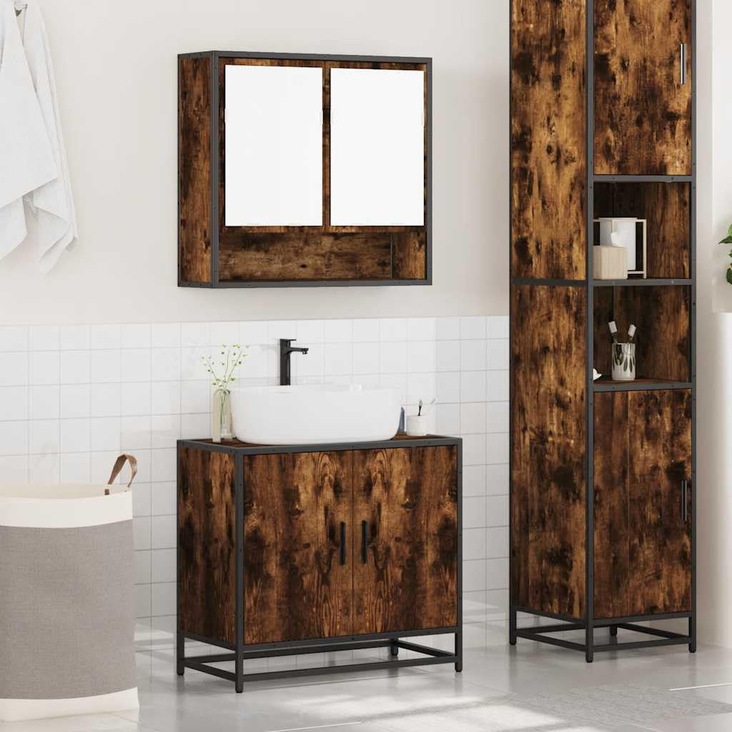 Set Mobili da Bagno 2 pz Rovere Fumo in Truciolato e Metallo | Soluzione salvaspazio per il bagno con armadietto a specchio sospeso e mobile sottolavello in stile industriale.