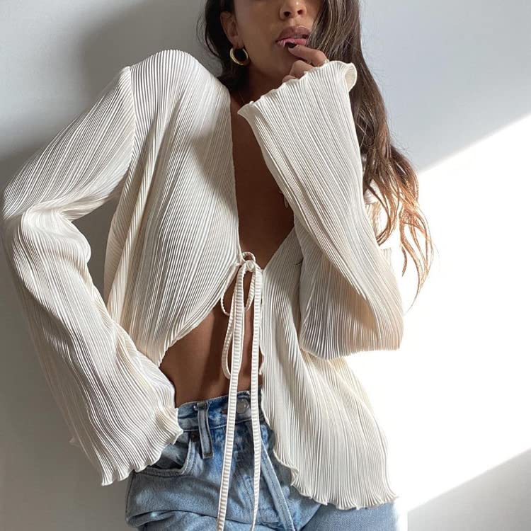 Women Sheer Button Up Blouse Sexy Collared Shirts Mesh Flare Sleeve Crop Top Y2k Vintage Streetwear2