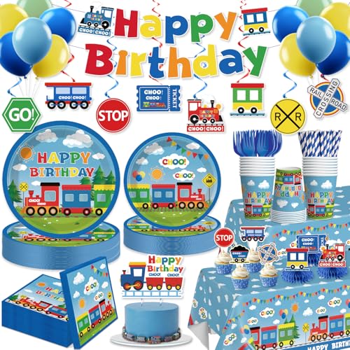 201 Pcs Train Birthday Decorations Train Plates and Napkins Birthday Party Supplies Banner Hanging Swirls Honeycomb Centerpieces Train Table Toppers Train Themed Party Decorations for Birthday