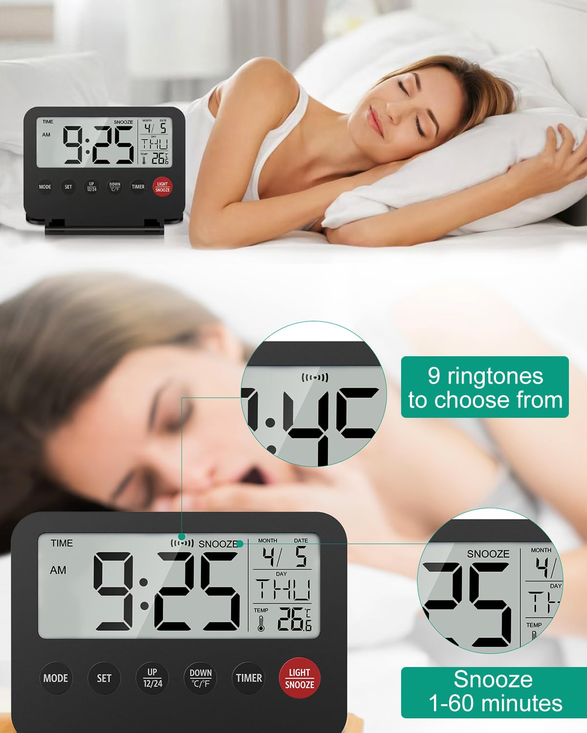 Réveil Numérique à Piles Avec Température Et Calendrier - 9.5x7x3 Cm - Rétroéclairé - Snooze - Voyage