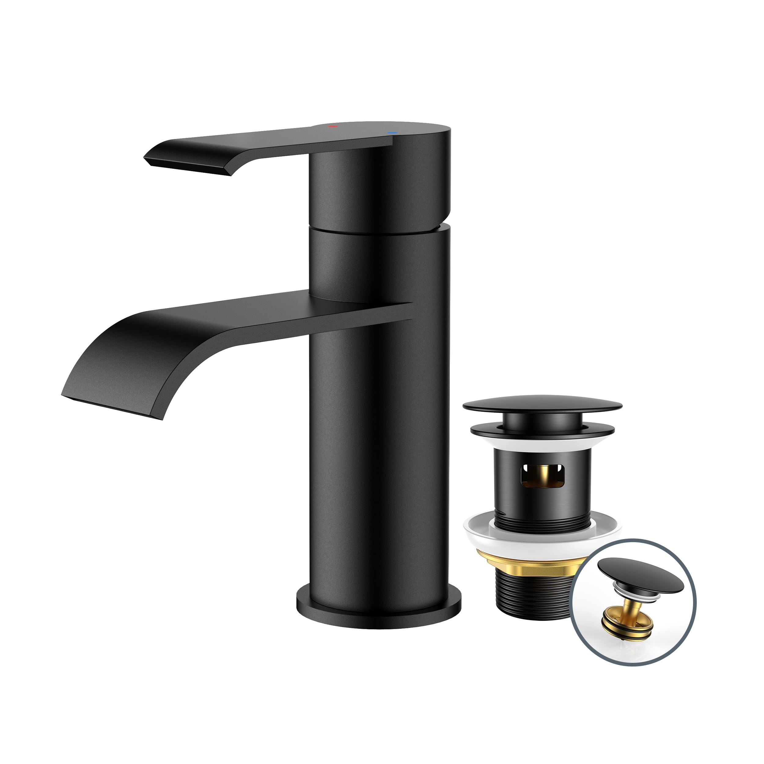 FORIOUS Basin Mixer Tap, Stainless Steel Bathroom Taps, 65mm Spout Height with Pop-Up Waste, Single Handle, G1/2'' Hoses, Water-Saving & Durable, Matte Black