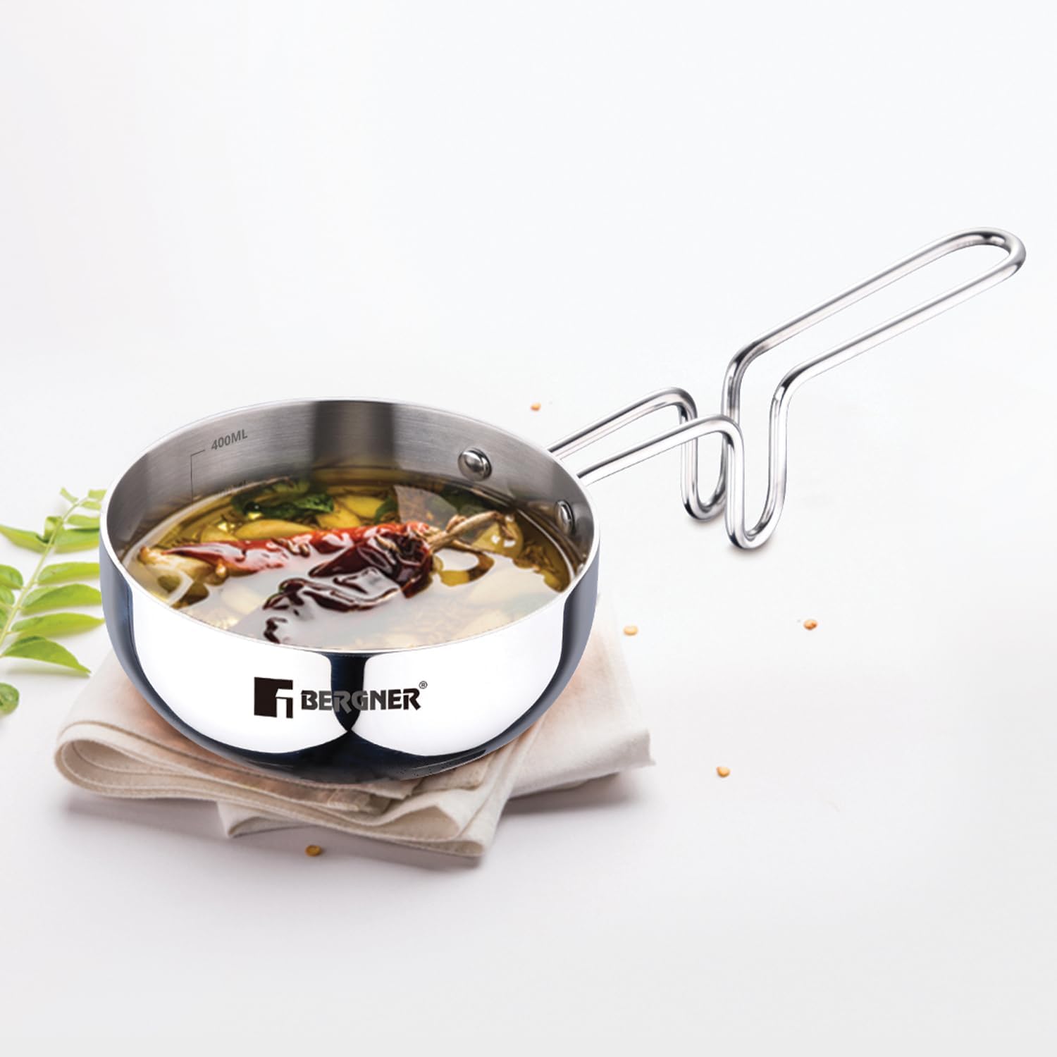 TriPro TriPly Stainless Steel 12cm Tadka Pan, 500ml Capacity, For Spice Tempering/Seasoning, Long Wire Handle, Laser-Etched Scale, Smooth Finished Surface, Induction Bottom and Gas Stove Ready