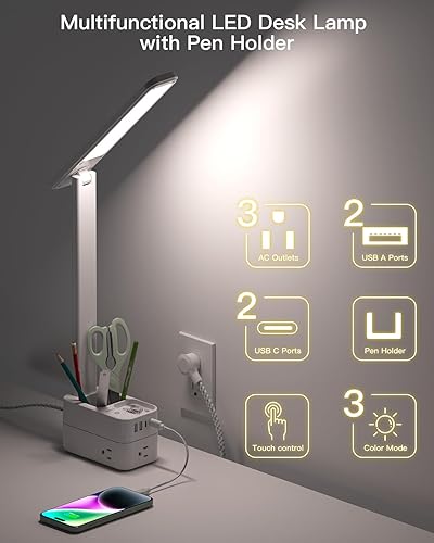 Miniatura 2 de Addtam Lámpara de escritorio LED con soporte para bolígrafo, lámparas de estudio con 3 tomas, 4 puertos de carga USB (2 USBC), 3 modos de color,