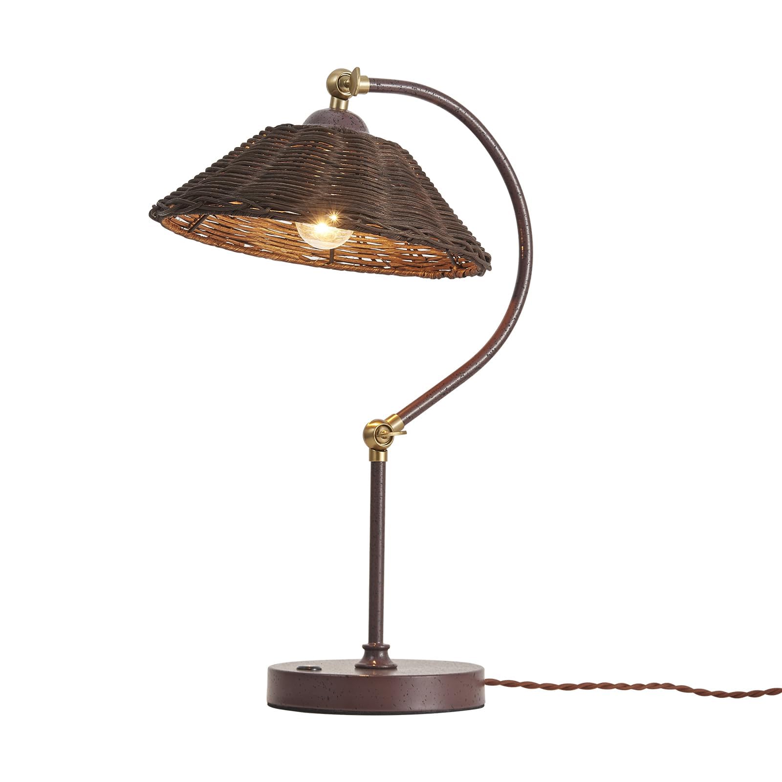 Photo 1 of NUSRAN Woven Rattan Table Lamp, Boho Plug in Handmade Rattan Shade & Anti-Rust Iron Base Desk Lamp, Plug & Play Vintage Dark Brown Bedside Lamp for Living Room, Office, Bedroom ?Bulb Included?