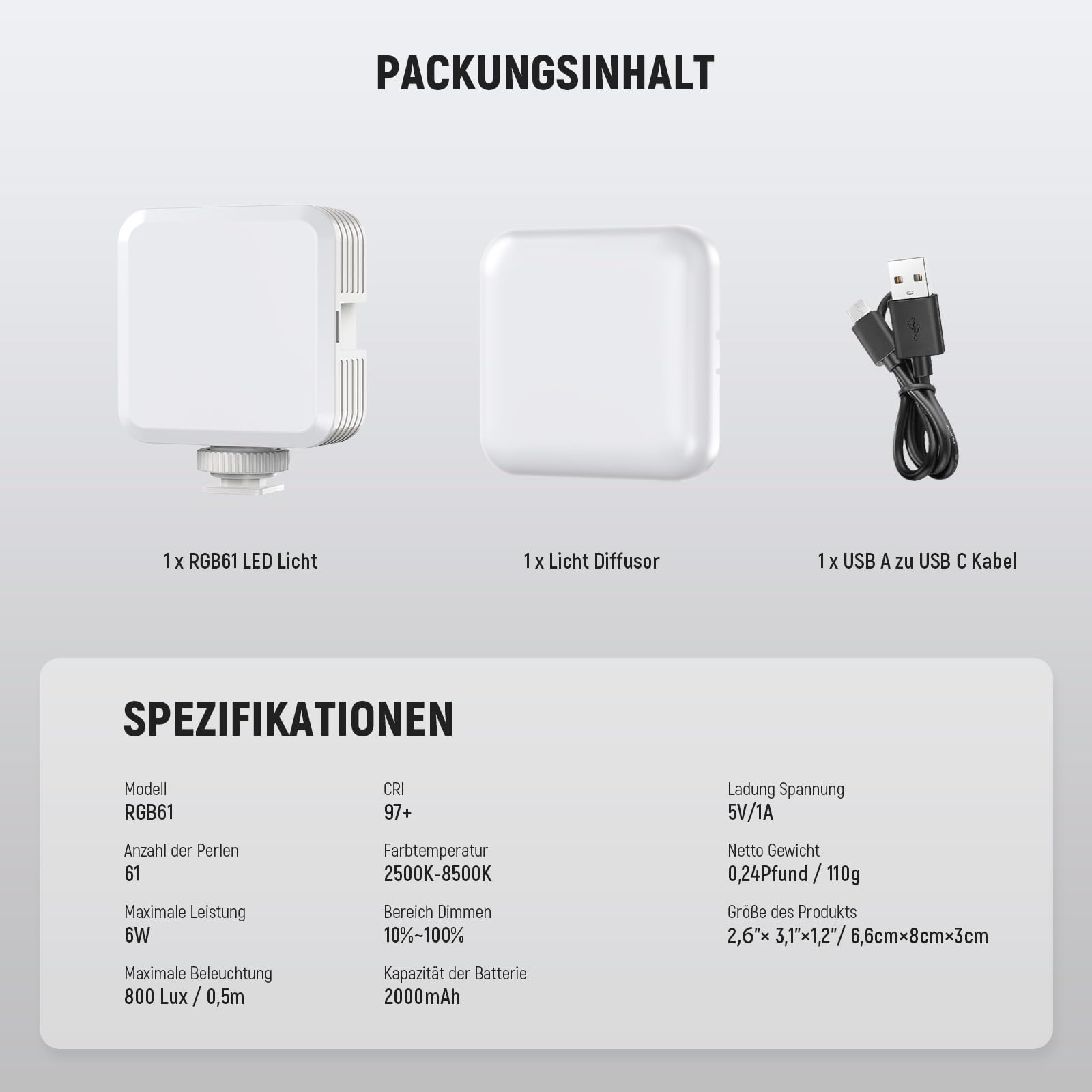 RGB61 Videoleuchte Magnetic RGB Videolicht 6W tragbares kleines LED Kameralicht mit 360° Vollfarbe 2500K-8500K CRI97+ 20 Szenen 2000mAh Akku Cold Shoes Videoaufzeichnung Fotografie Selfie Licht