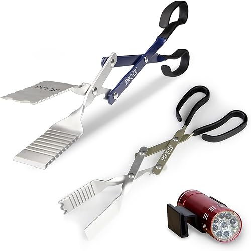 BBQ Croc - Paquete de herramientas para barbacoa 3 en 1, 15 y 18 pulgadas con luz, pinzas extra ligeras, espátula y raspador de parrilla (18