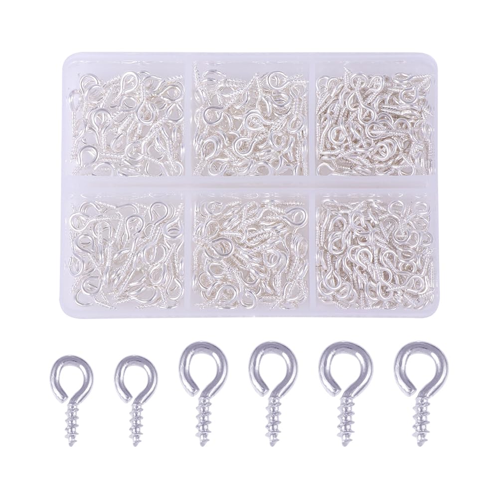 UUYYEO 400 Pcs 3 Sizes Small Jewelry Screw Eyes Earring Making Eye Pins Threaded Metal Eye Hooks Small Craft Eyelets Eye Hook Screws Self Tapping Screw Eye Hooks with Storage Box Silver