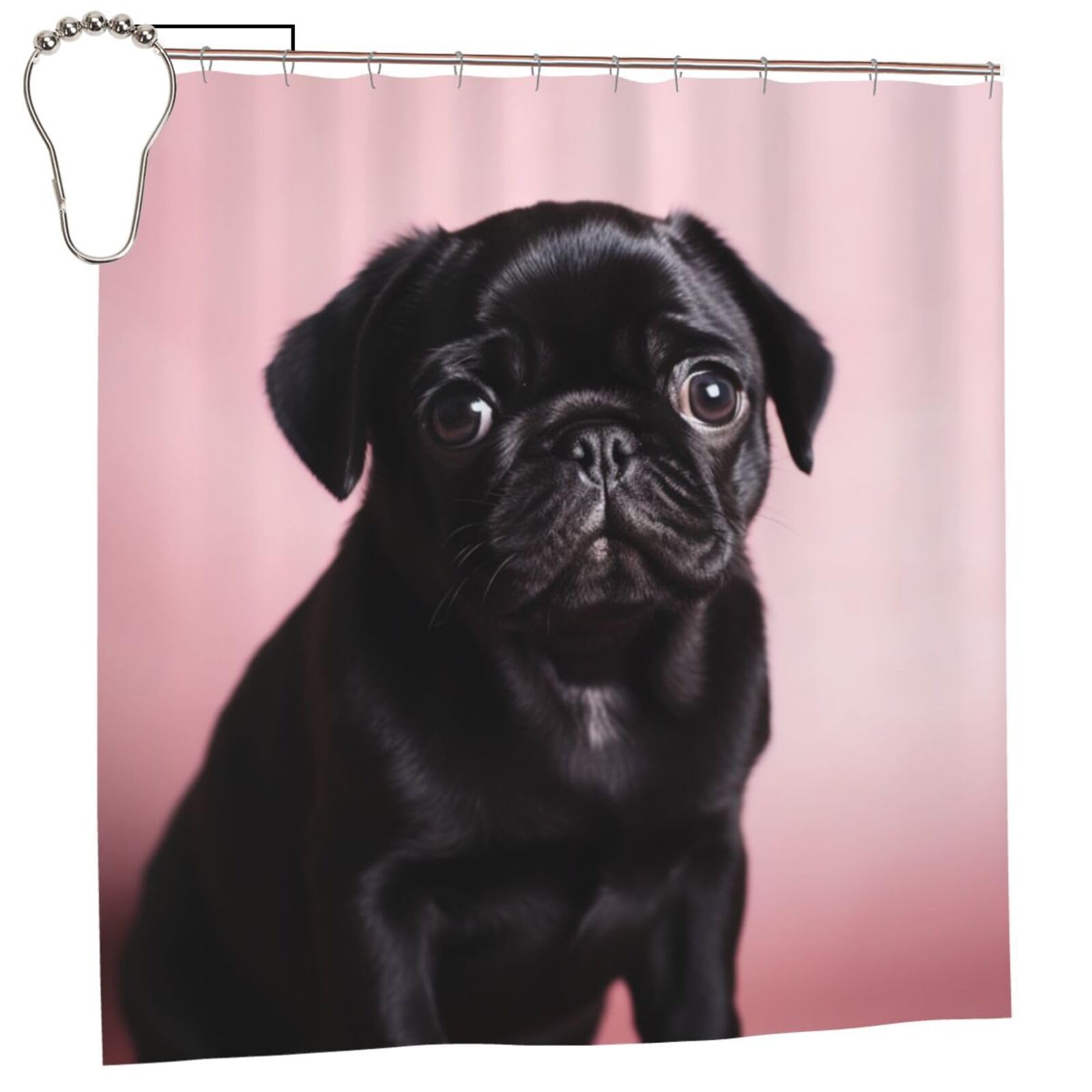 FodPand Cute Black Pug Shower Curtain 70"x70" Waterproof Long Bathroom Curtain Heavy Duty Thick Cloth Bath Curtain Set with Hooks, Modern Abstract Art Pattern Bathroom Shower Curtains