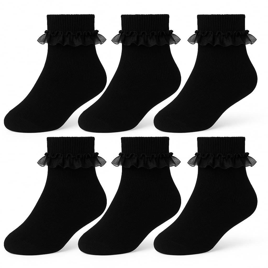 A2z 4 Kids Girls Black 6 Pack Frilly Lace Socks - Socks Az977 6 Pack 7-10