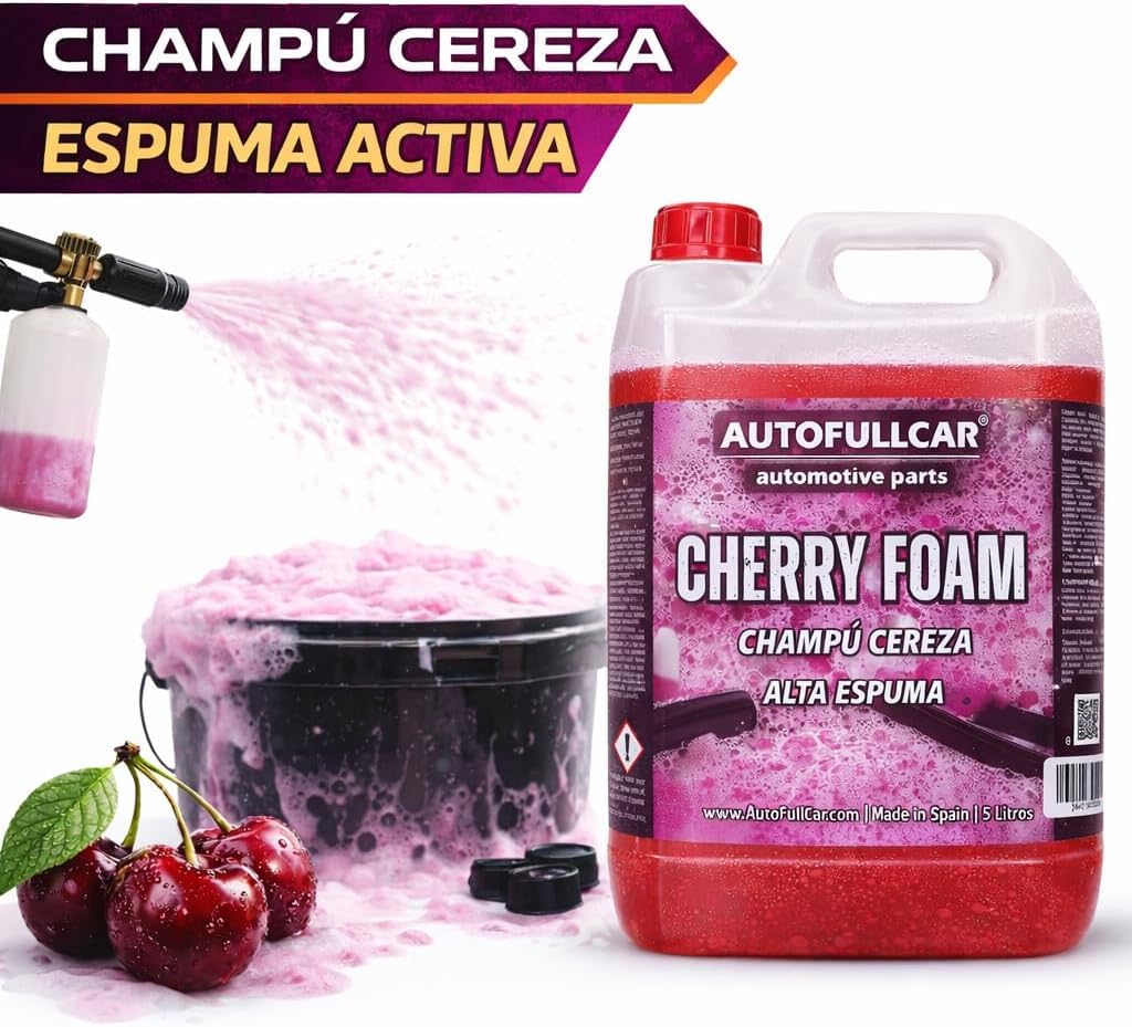 AutoFullCar Kit Cherry Foam 5 Litros + Foamer 2 Litros, Champu Espuma Activa Coche Rosa, Limpiador Alcalino Alta Concentracion, Lavado Carroceria, Encapsula Suciedad