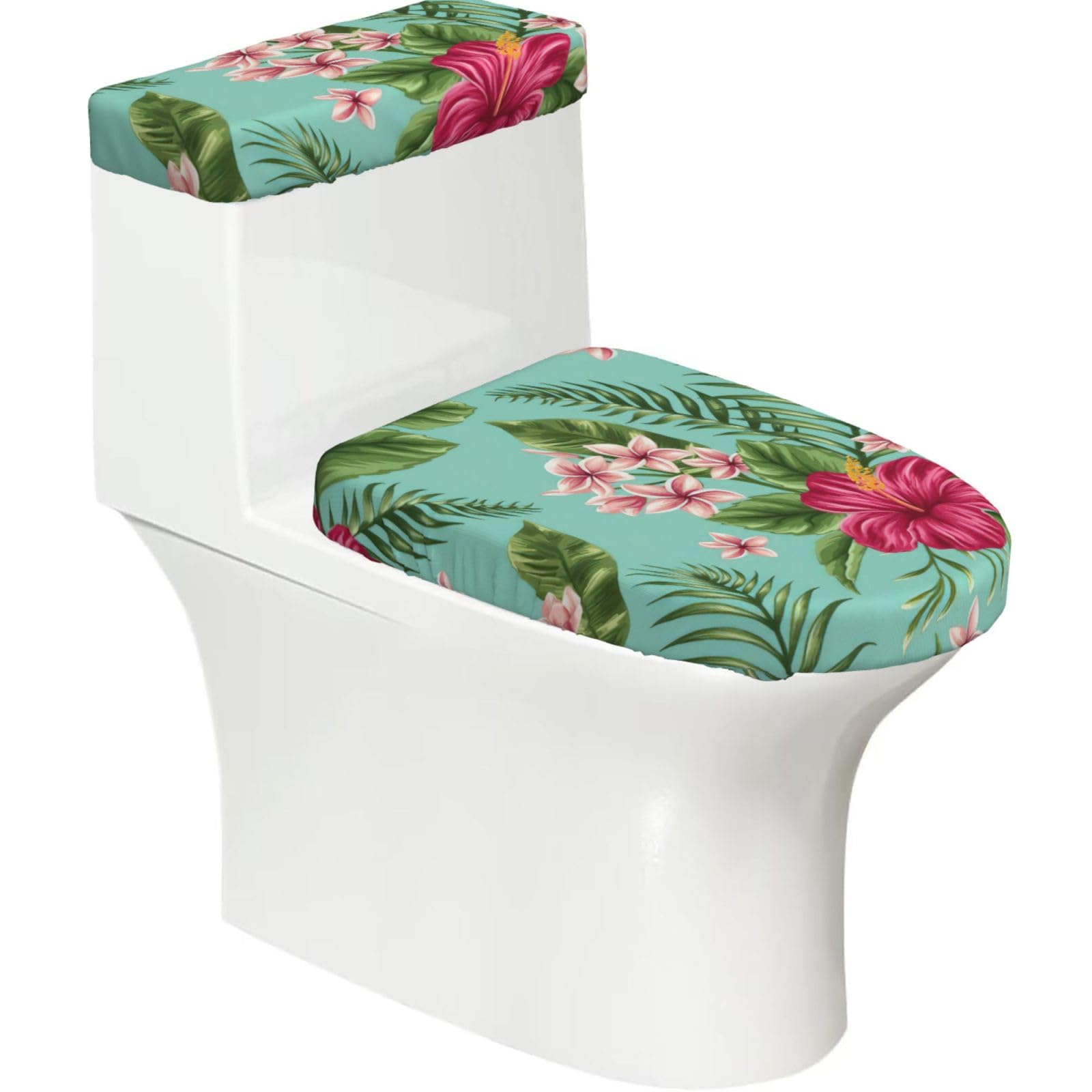 Hawaiian Tropical Leaves Flowers Print Bathroom Decor Toilet Lid Cover And Tank Covers, Restroom Accessories Fits Most Round