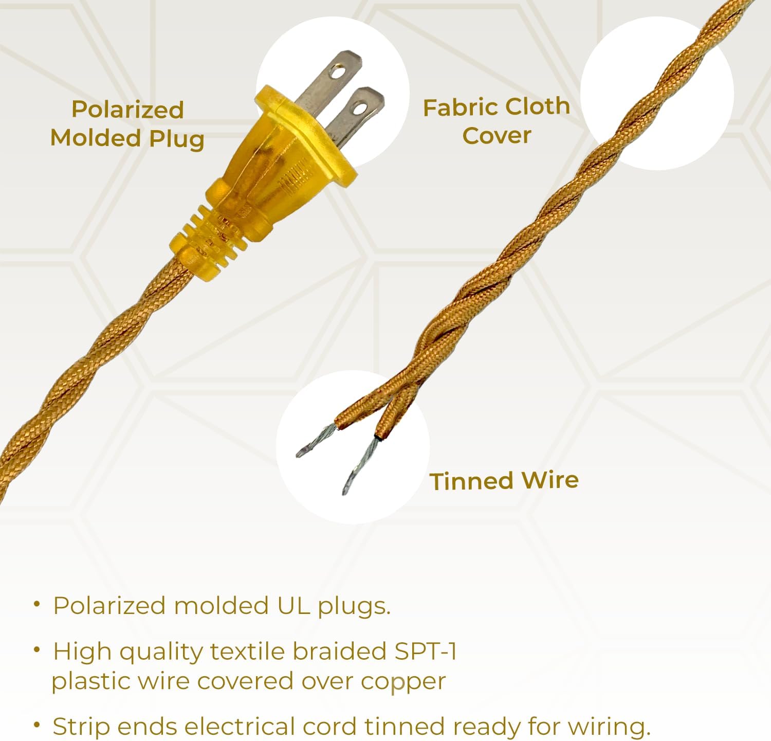 Royal Designs, Inc. CO-6001-GL-8-2 Twisted Rayon Lamp Cord with NEMA-15P Plug, Stripped Ends Ready for Wiring, SPT-1 UL Listed, 8 feet, Gold, 2-Pack