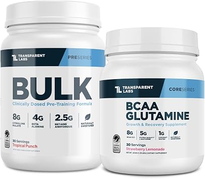 Transparent Labs Bulk Pre-Workout 30 Servings, Tropical Punch & BCAA Glutamine 30 Servings, Strawberry Lemonade