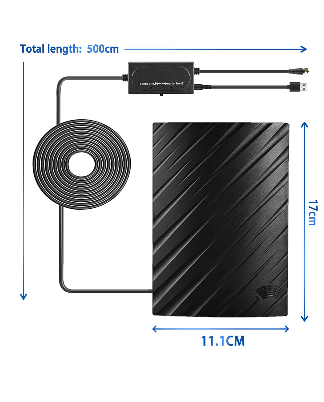 Vecys Antena de TV para Smart TV Antena de Digital Interior de 25dBi con Amplificador USB Antena DVB-T2 Doméstica de 500 Millas Soporte de Cable Coaxial RG174 5m/16.4ft Compatible con 4K 720p 1080p