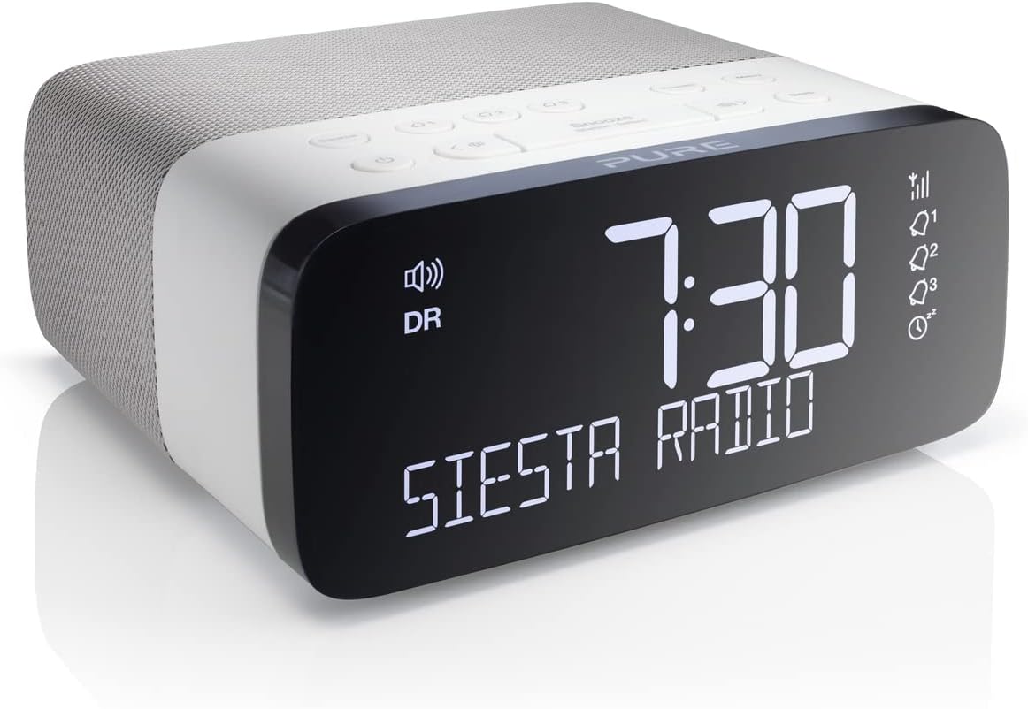 Pure P147504 Siesta Rise DAB+/DAB/FM Digital Radio Alarm Clock, with USB Phone Charging, CrystalVue Auto-Dim Display, 3 Radio or Tone Alarms and 20 Station Pre-Sets, Black and White