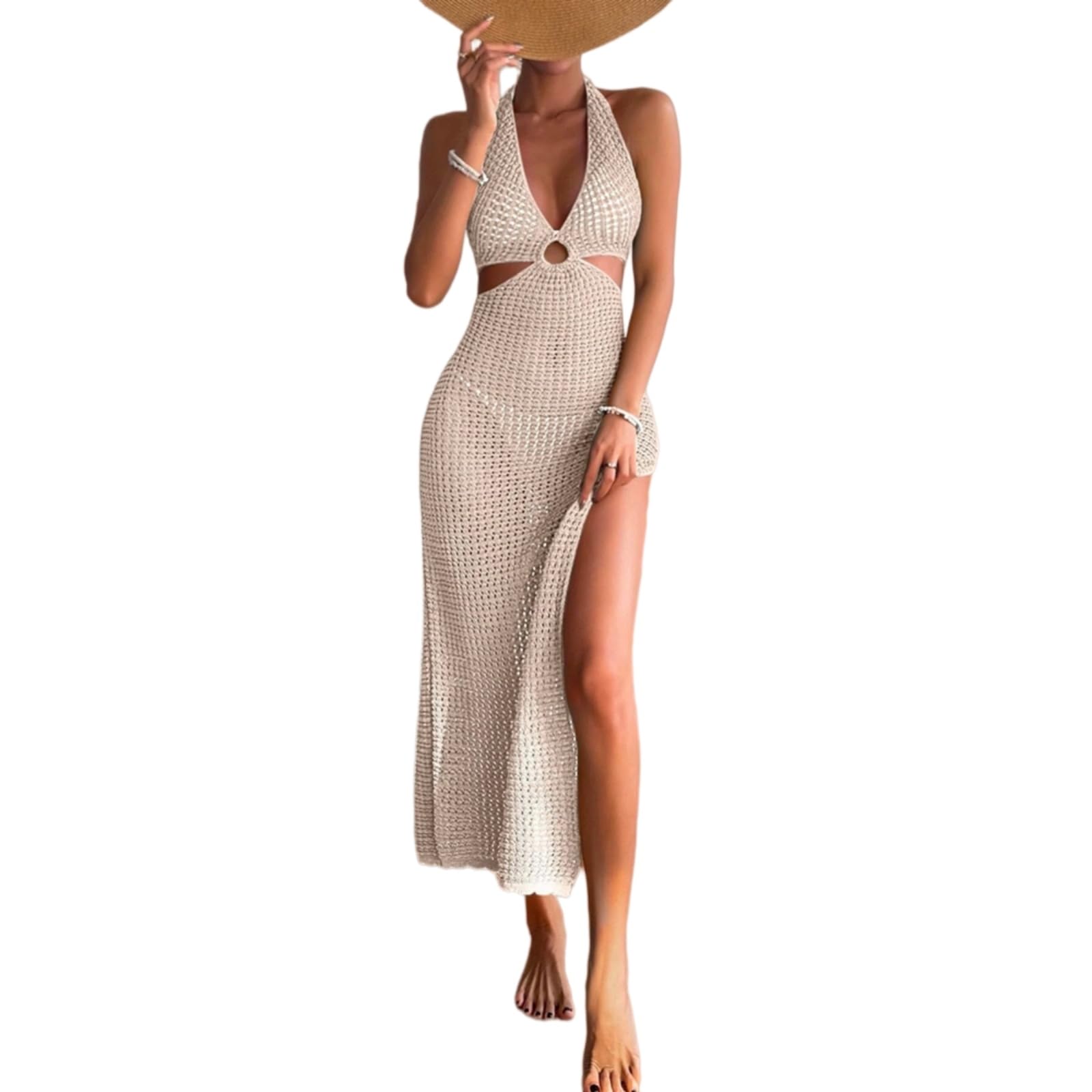 Robe de fête tricot beige ajustée col rond pour femme
