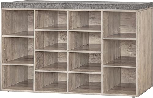 Miniatura 140 de DINZI LVJ Banco organizador de zapatos con cojín, zapatero de 9 cubos y estantes ajustables, multifuncional, para salas de estar, dormitorio, Gris