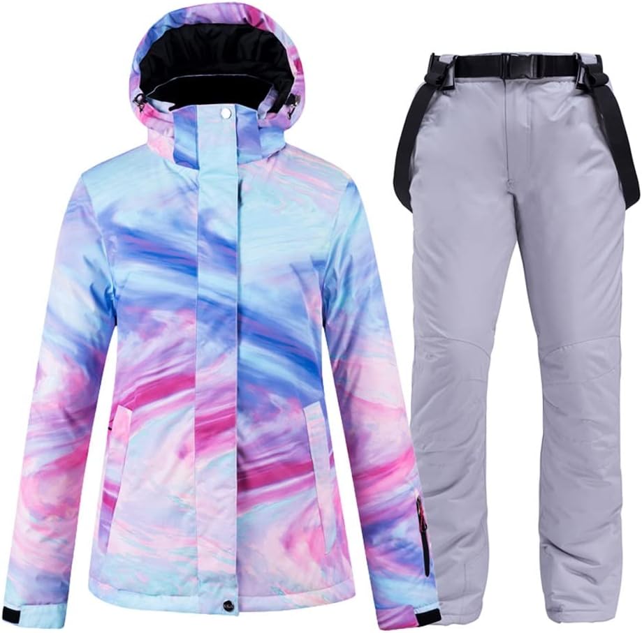 Snow Suit Wear Women's Snowboard Clothing Winter Waterproof Costumes Outdoor Ski Jacket + Strap Pants Bibs (Color : B, Size : Large) (D XX)