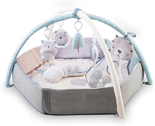 Momi MoMi PASTEL Tapis d'Éveil 3-en-1 Transformable en Piscine à Balles avec 20 Balles et Jouets