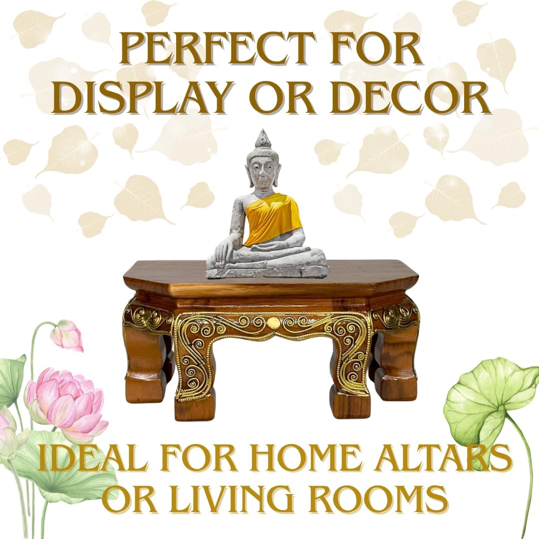 Thai Carved Wood Buddha Stand – 9" Small Altar Table with Traditional Thai Gold Pattern, Mini Display Pedestal for Buddha Statue, Meditation or Home Altar Shrine (nature wood)