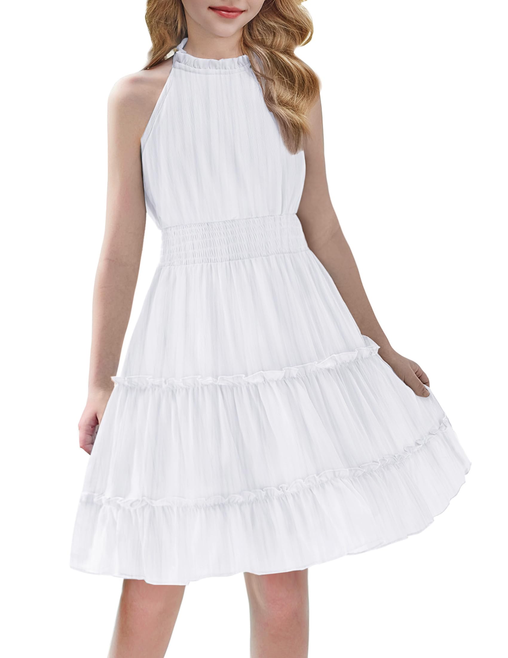 Arshiner Kinder Kleider Weiß Chiffon Ärmelloses Kleid Sommer Casual Midikleid Mädchen Rundhals Festliches Hochzeit Abendkleider Geburtstag Partykleid Mädchenkleidung 165/12-13 Jahre