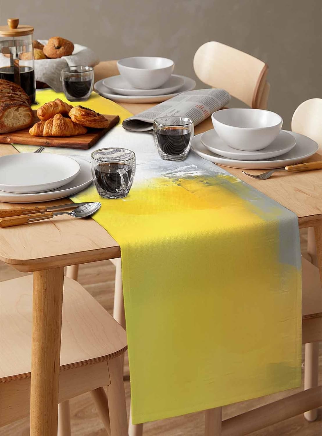 Yellow Gray Table Runners 120 Inches Long Modern Abstract Art Table Runner for Family Dinner/Wedding/Outdoor Indoor Party, Cotton-Polyester Blend Dresser Scarf Table Decorations