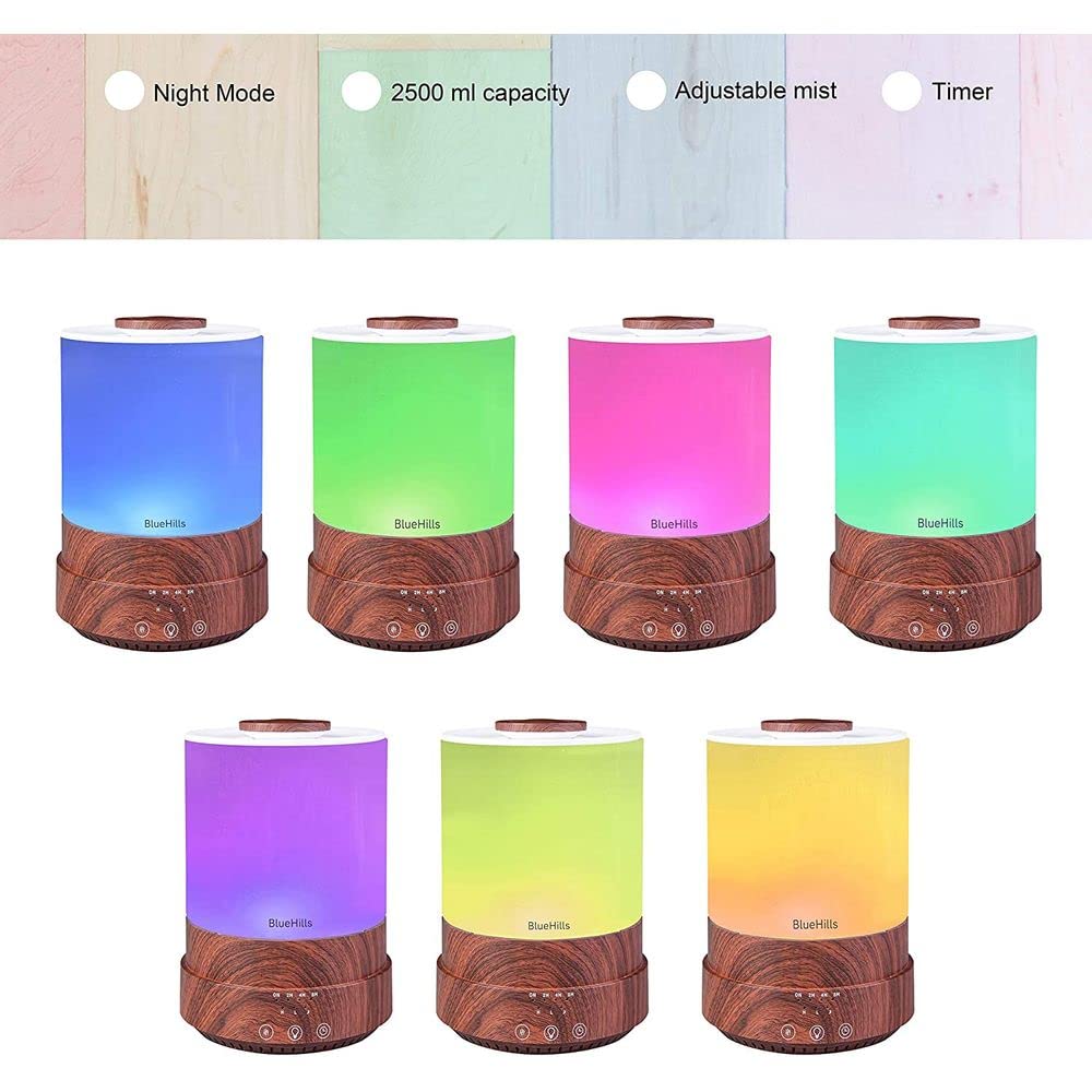 BlueHills - Difusor de aceites esenciales XL 2500 ml con temporizador para gran decoración del hogar, habitación de bebé, gran capacidad de 2,5 l con luces Grano de madera oscura - F003