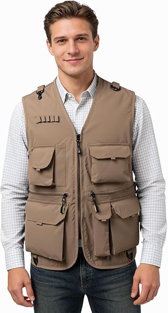 Men's Utility Multi-Pocket Vest Lightweight Mesh Lined Outdoor Fishing Hiking Safari Sleeveless Jackets