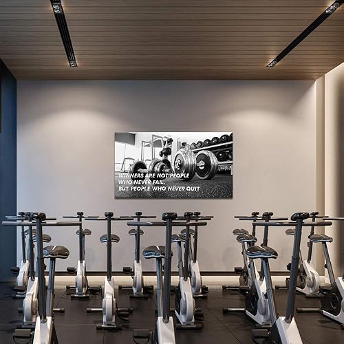 Miniatura 2 de SkenoArt Gimnasio motivacional arte de pared ganadores son aquellos que nunca renuncian decoración de pared con mancuernas en blanco y negro, lienzo