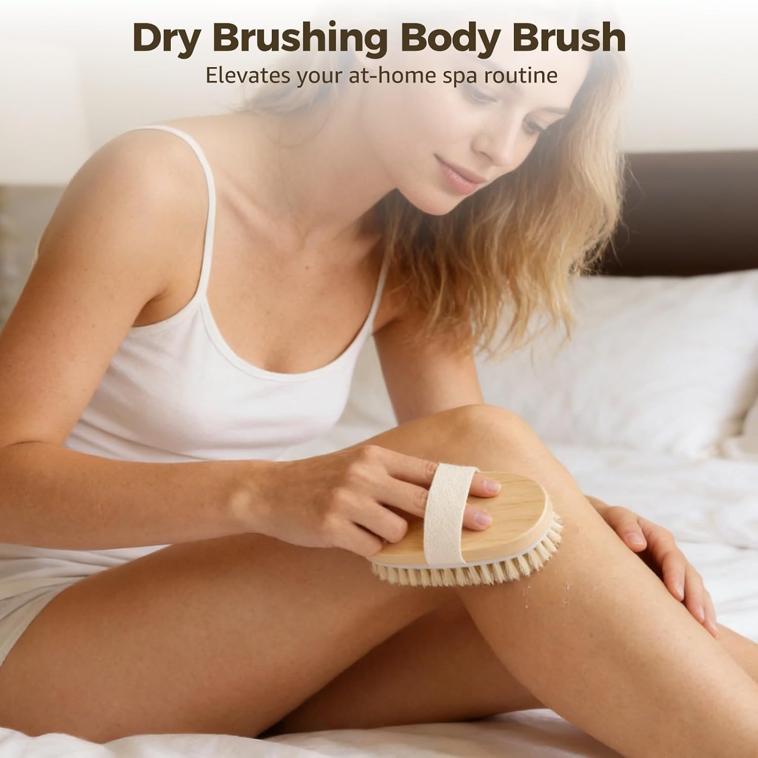 10 Pcs Dry Brushing Body Brush Set, Natural Bristle Exfoliating Body Scrubber with Massage Nodules and Hand Strap, Palm Wooden Shower Brush for Dry Skin Care, Spa Bath Routine