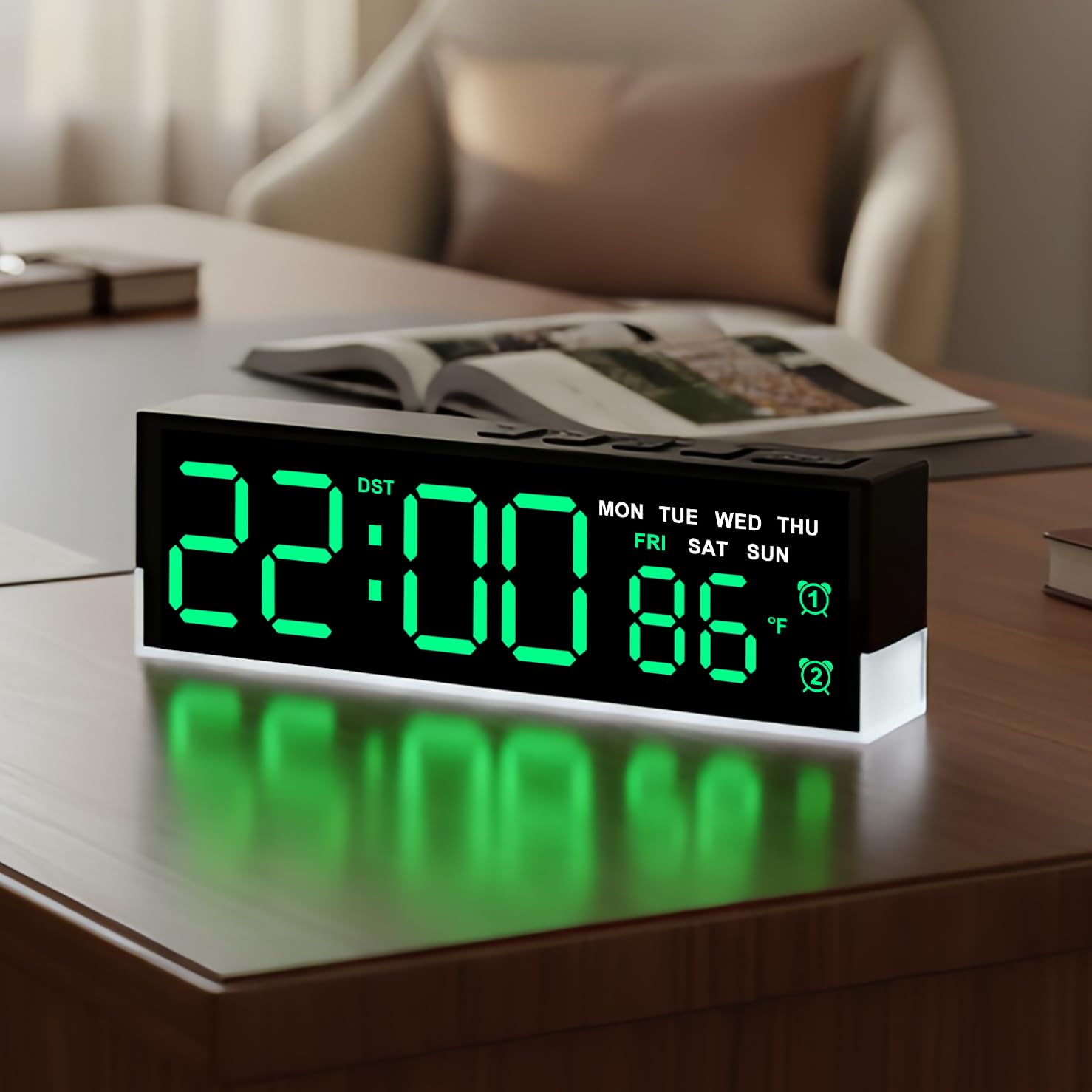 zyzamay 7-Inch Modern LED Digital Alarm Clock with Dual Alarms & Soft Bottom Light｜Displays Time, Date, Day, Temperature ｜3-Level Auto/Manual Brightness, DST, USB or Battery Powered Desk Clock,Green-picture-37