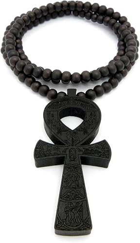 Miniatura 2 de Colgante de cruz egipcia Ankh 0.315 in 36" Collar de cuentas de madera en tono negro XJ224BK, Madera