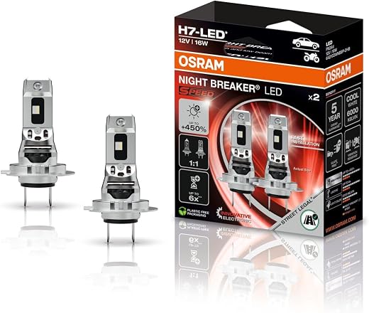 🚫 [CADUCADO] 🔥 OSRAM NIGHT BREAKER LED SPEED H7 450, Street Approved High and Low Beam LED, Up to 450% Brightness, 6000K, No Need for Mechanical Accessories, Integrated LEDEC02