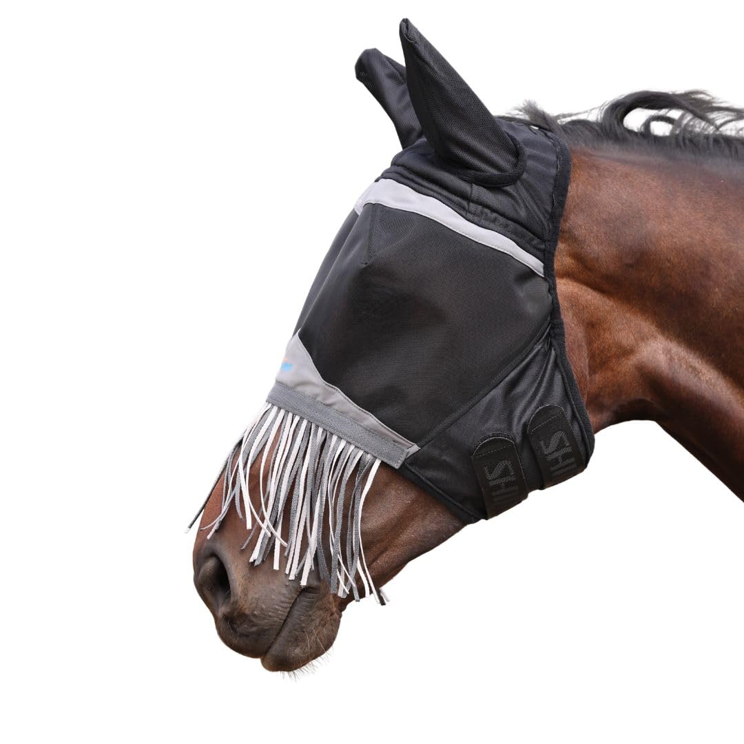 Shires Fine Mesh Fly Mask with Nose Fringe - Jet Black