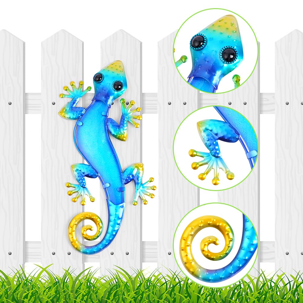 AOOSU Metal Decor Gecko Art Decor, Wrought Iron Colorful Gecko Wall Sculptures, Outdoor Garden Fence Ornaments Hanging for Backyard Porch Patio（30.5 * 18cm 2pcs） — view 3