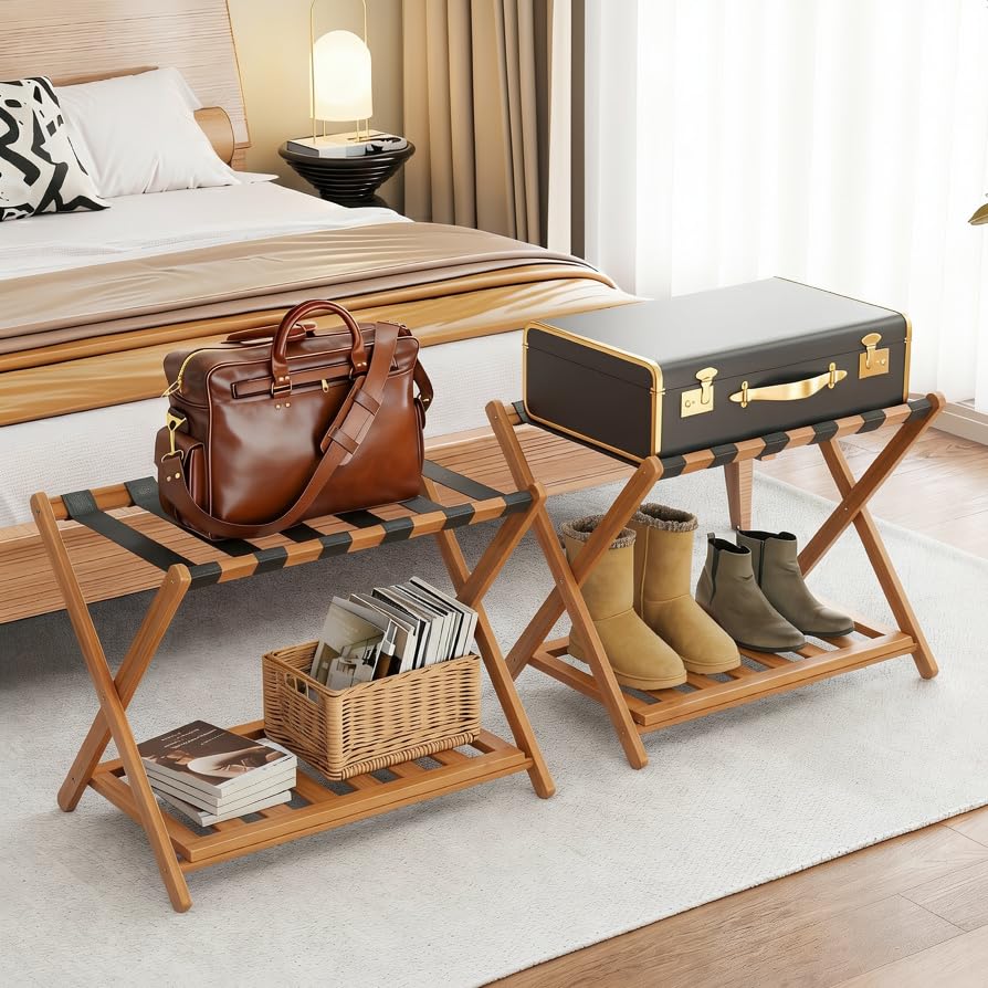 Porte-bagages en bambou avec étagère : support valise pliable 68 cm pour organiser vos chambres