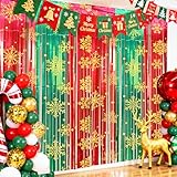 2 Packs Christmas Foil Fringe Curtain, Glitter Red Green Snowflake Metallic Tinsel Backdrop for Xmas Friendsmas Santa Claus Ugly Sweater New Years Eve Party Decoration Supplies