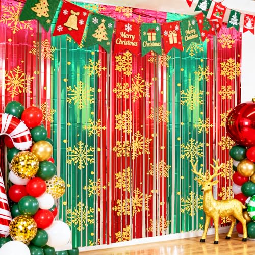 Image of 2 Packs Christmas Foil Fringe Curtain, Glitter Red Green Snowflake Metallic Tinsel Backdrop for Xmas Friendsmas Santa Claus Ugly Sweater New Years Eve Party Decoration Supplies
