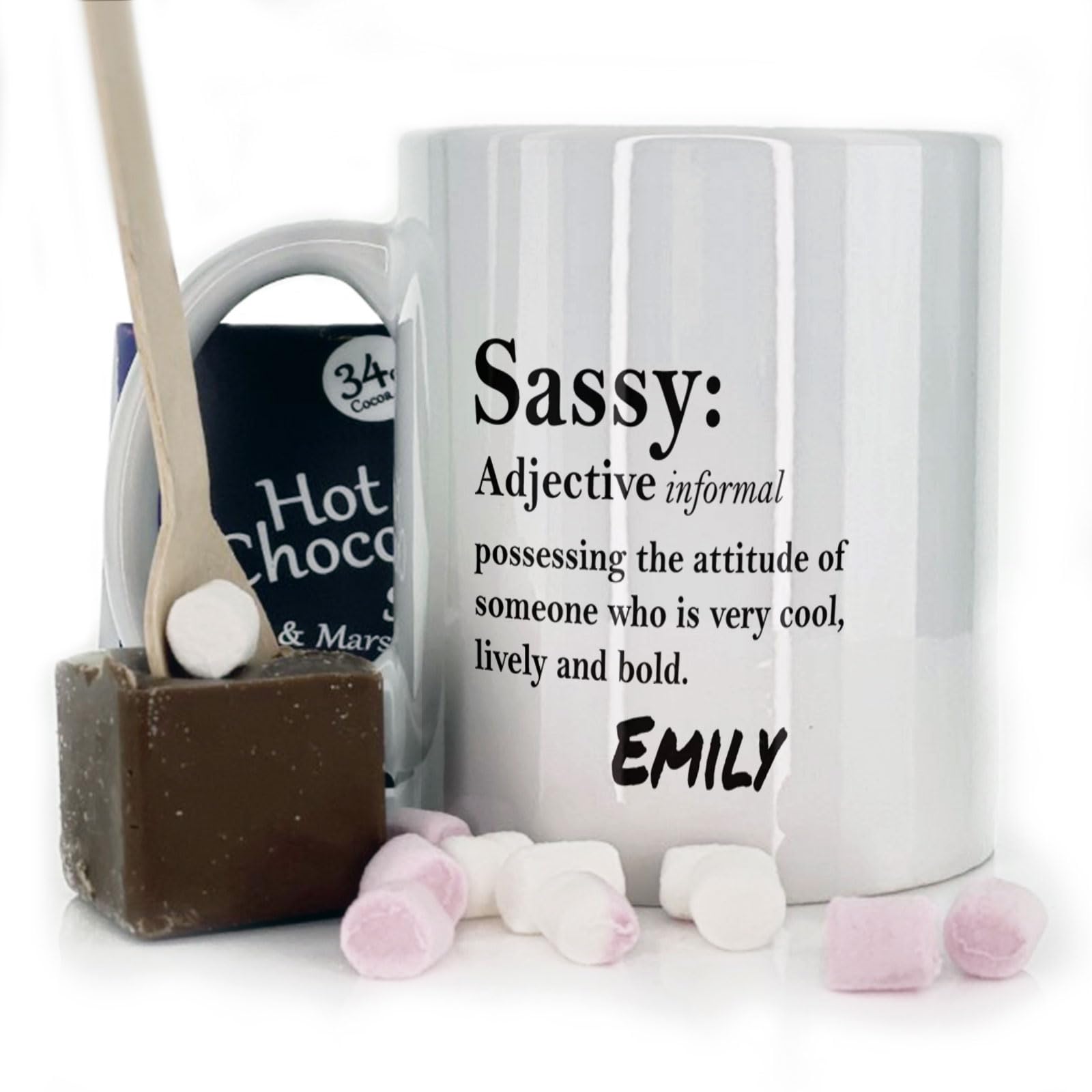 Hairyworm Personalised Mug and Belgian Milk Chocolate/Hot Chocolate Stirrer Marshmallow Gift Set,(11oz) Thank You, Birthday Mug, Funny Sassy Coffee Mug with Name