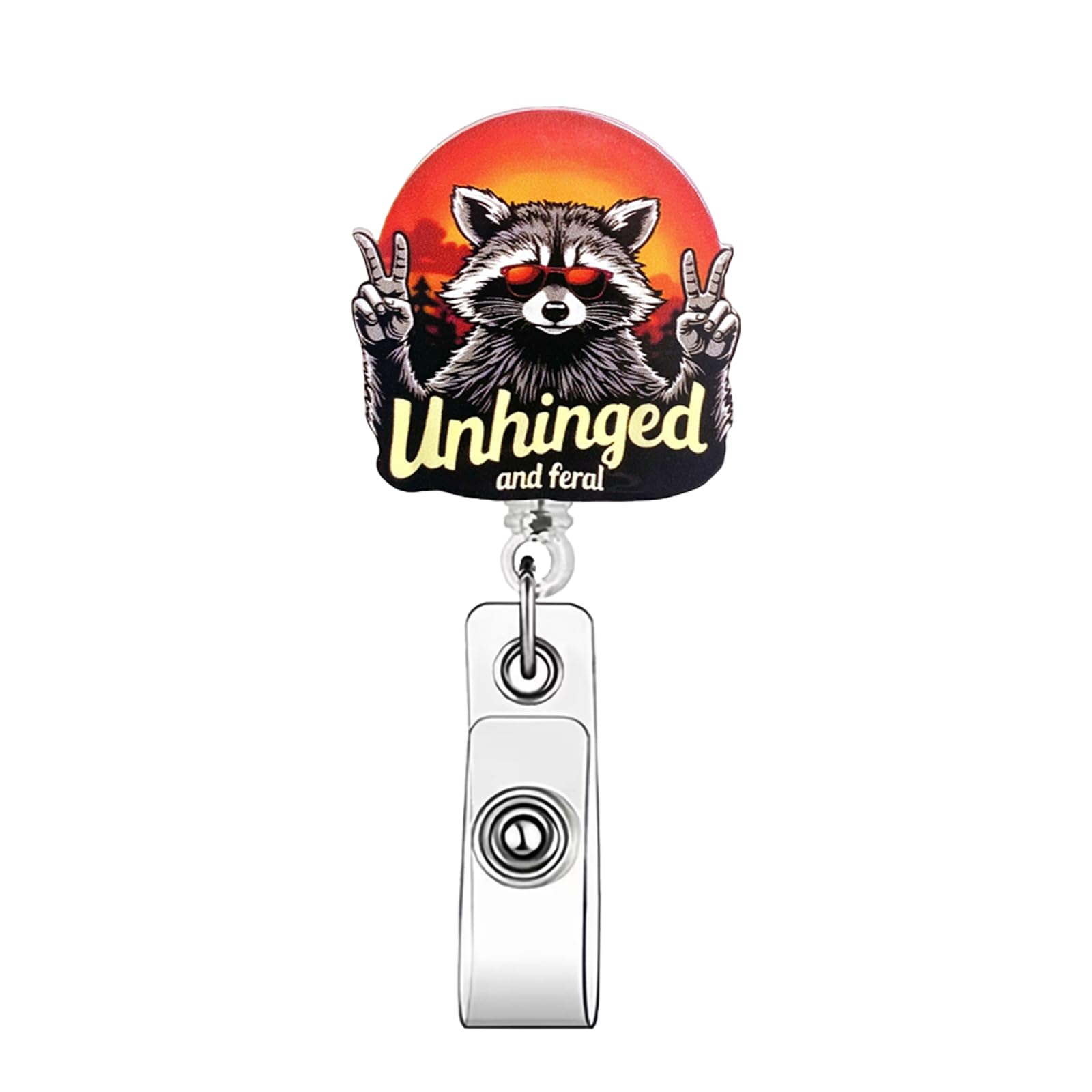 1Pcs Cool Raccoon Badge Reel Nurse Badge Reels Retractable Sunset Raccoon Badge Clip Acrylic Badge Holder with Retractable Clip, Cute Funny ID Card