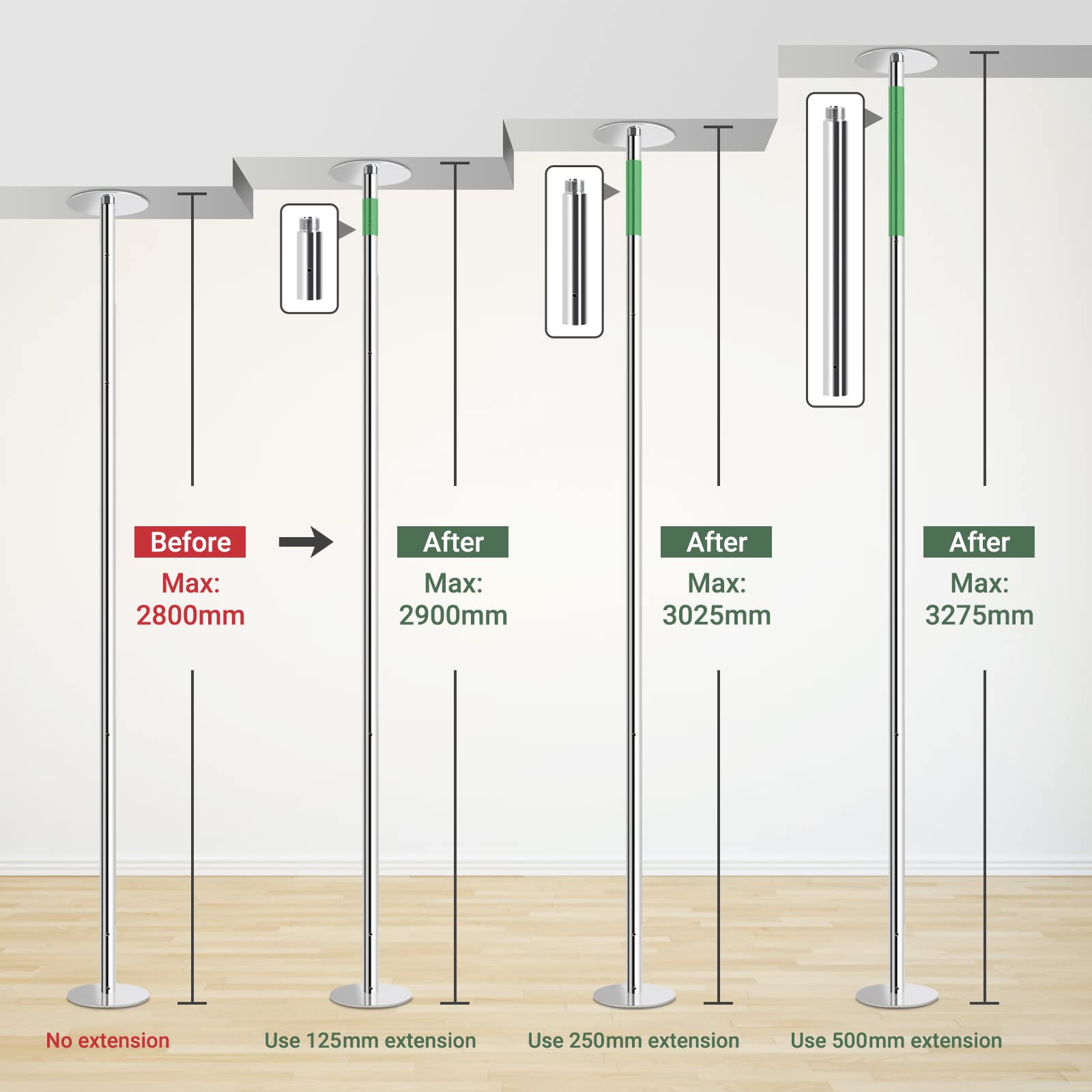Leogreen 125mm Pole Dance Estensione, per barra da pole dance, con diametro da 45 mm, aggiungi altezza extra, Danzante Tubo Accessori