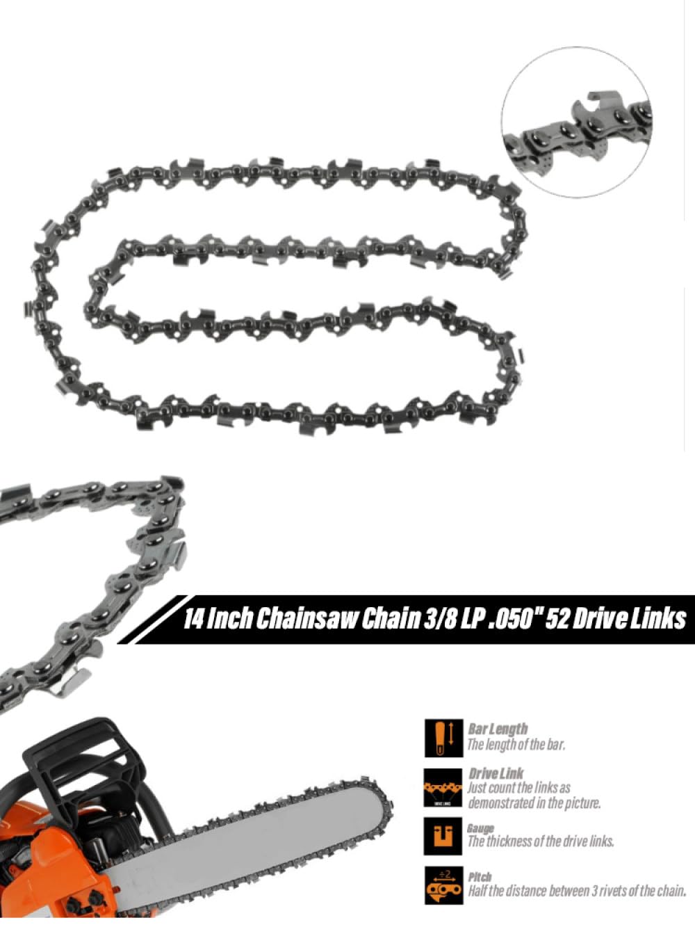 Cadena de motosierra de 14 pulgadas 3/8 LP .050quot; 52 eslabones impulsores,h