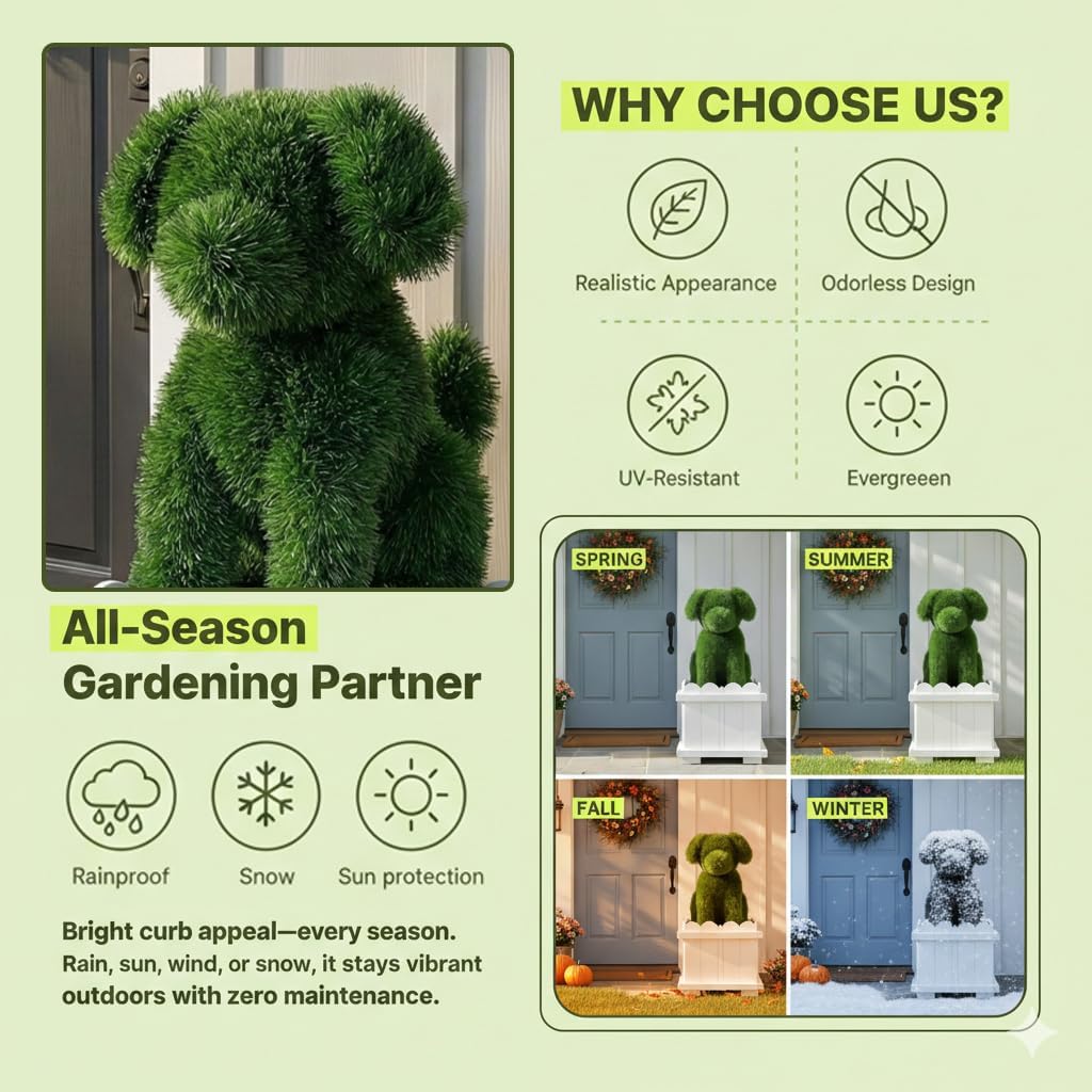 Decorative White Planter Box with Artificial Dog Topiary Accent, Outdoor Garden Planter for Front Door, Porch, Patio, Lawn & Entryway, Wooden Planter Container for Plants & Yard Décor (1-Pack )