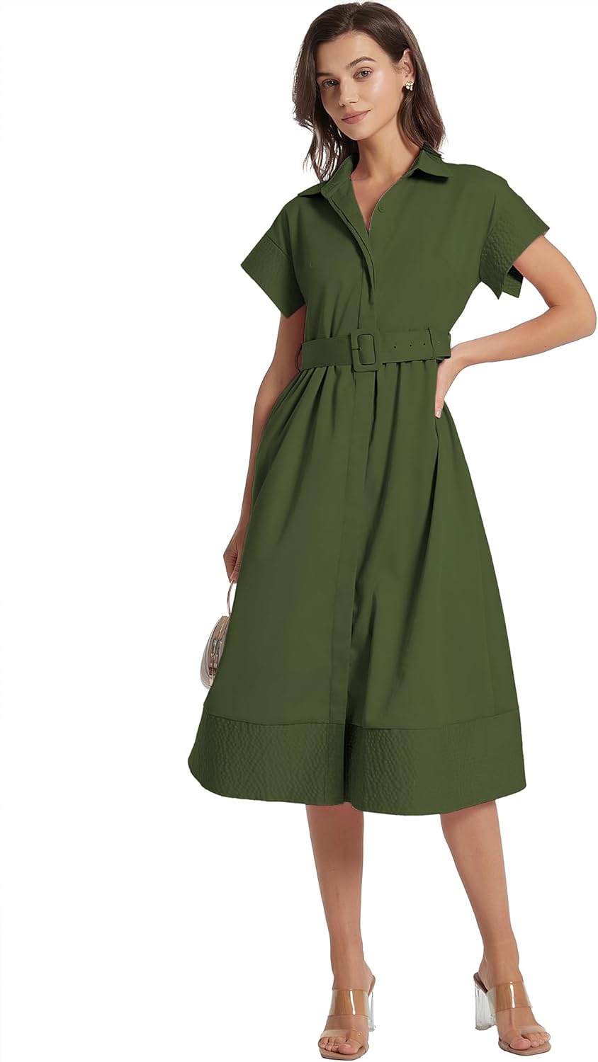 Ladyful Women Casual Button Down Shirt Dress Short Wing Sleeve Buiness Midi Shirt Dress with Belt Elegant Dress