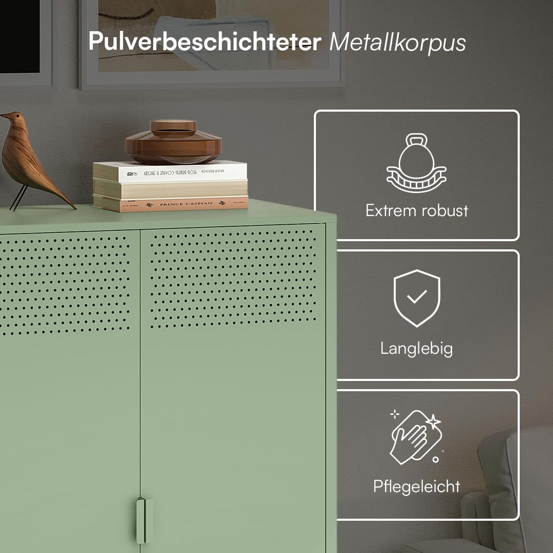 skølm Izar Metall Kommode – Wohnzimmerschrank in Mintgrün – Metallschrank mit 3 Fächern & Doppeltüren – Sideboard für Wohnzimmer – Mehrzweckschrank 80 cm breit – Highboard Industrial Style