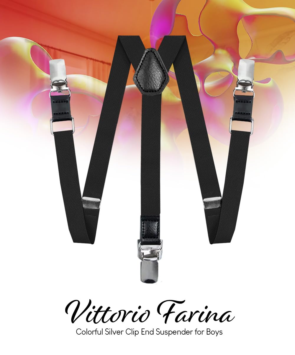 Vittorio Farina Boy's Silver Clip End Suspenders - Adjustable Elastic Suspenders for Boys (Black)