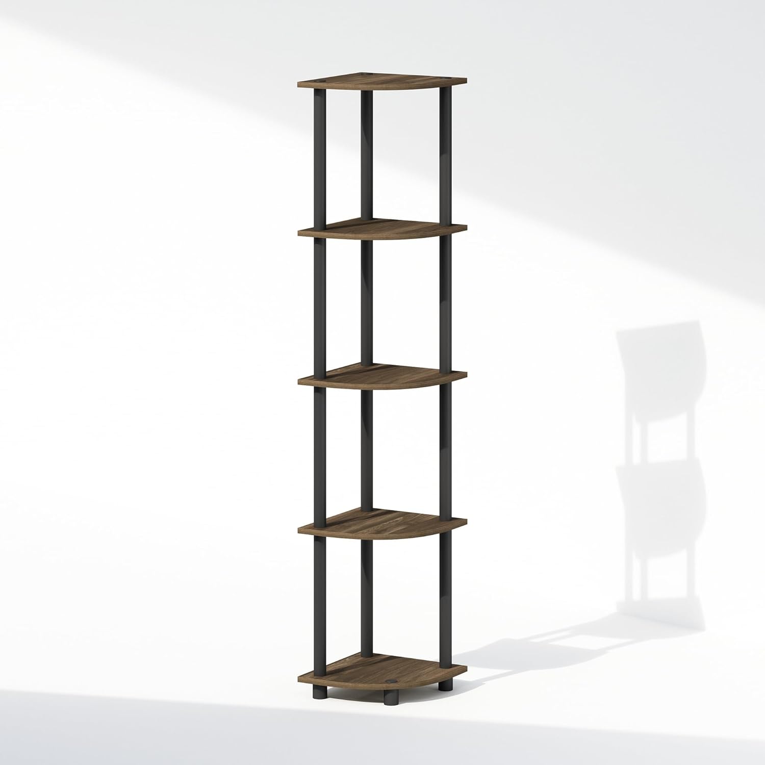 Furinno Turn-N-Tube Storage Shelves, 5-Tier Book Shelf, Corner Shelf with Open Shelves, Toollesss Assembly, for Organization and Storage, Living Room, Home Office, Hallway, Bedroom, Brown Walnut