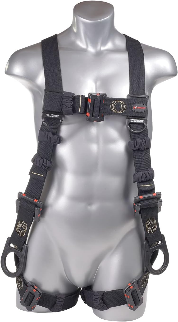 KStrong UFH10701P Kapture Element Arc Flash Rated 5-Point Full Body Harness Fall Protection with 3 D-rings and Mating Buckle Legs and Chest, ANSI Compliant, S-L, Black
